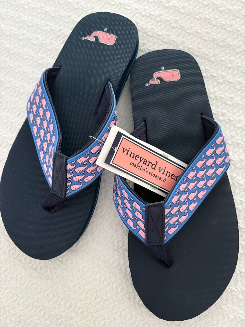 Vineyard Vines Navy Flip Flops with Pink Whale Pattern